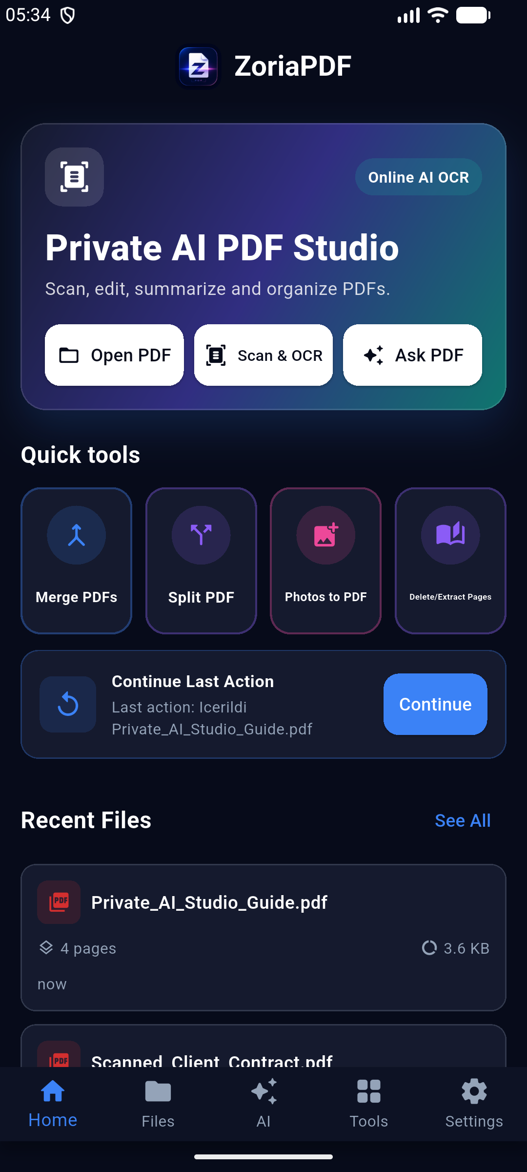 ZoriaPDF Android v2 home screen preview